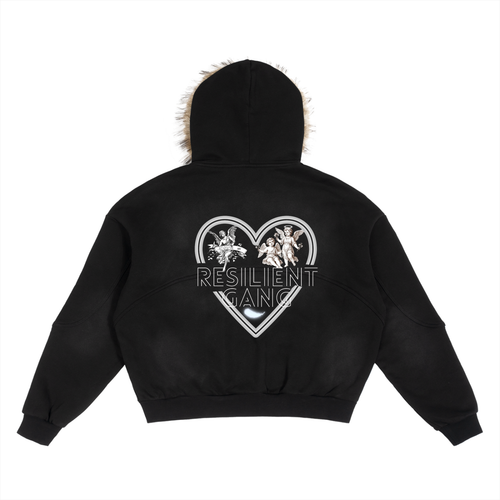 Resilient Gang Chrome Heart Sun Fade Boxy Detachable Fur Hoodie